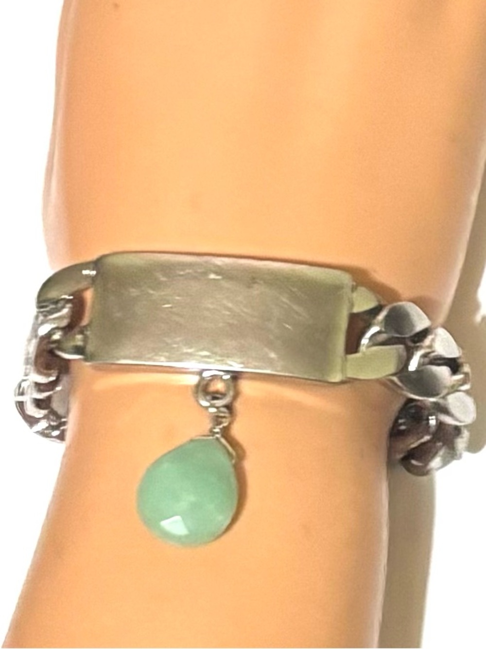 Sterling Silver ID Bracelet with Green Teardrop Charm